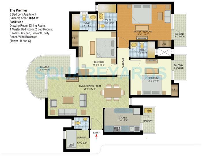 Floor plan of 3 BHK 1890 Sq. Ft. Apartment in Espire Hamilton Heights, Faridabad