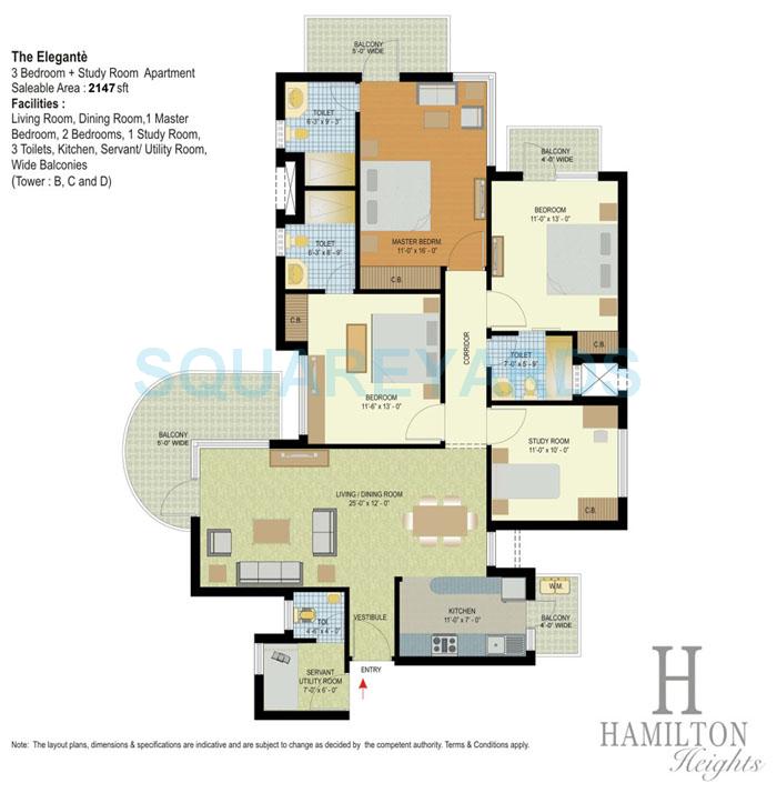 Floor plan of 3 BHK 2147 Sq. Ft. Apartment in Espire Hamilton Heights, Faridabad