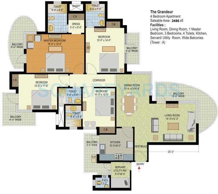 Floor plan of 4 BHK 2486 Sq. Ft. Apartment in Espire Hamilton Heights, Faridabad