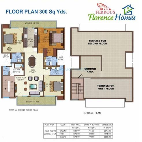 Floor plan of 3 BHK 1973 Sq. Ft. Ind Floor in Ferrous Florence Homes, Faridabad