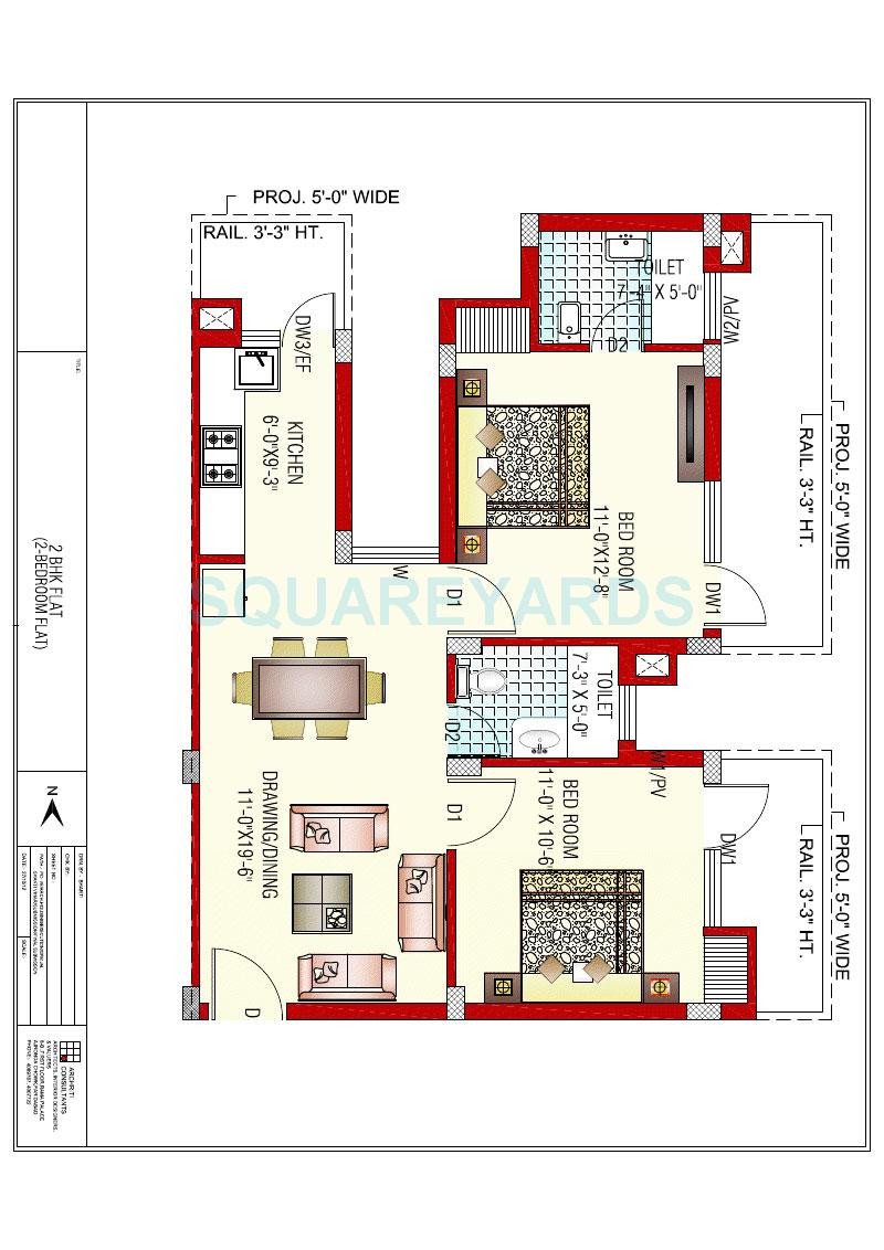 Floor plan of 2 BHK 1005 Sq. Ft. Apartment in GPM Bloosom Greens, Faridabad