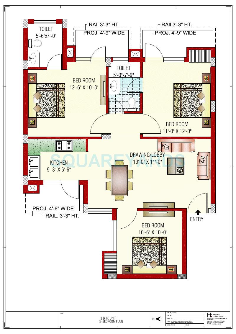 Floor plan of 3 BHK 1238 Sq. Ft. Apartment in GPM Bloosom Greens, Faridabad