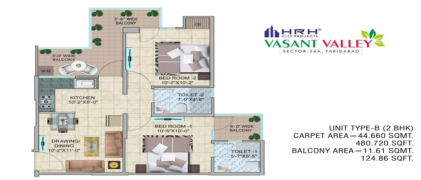 Floor plan of 2 BHK 605 Sq. Ft. Apartment in HRH City Vasant Valley, Faridabad