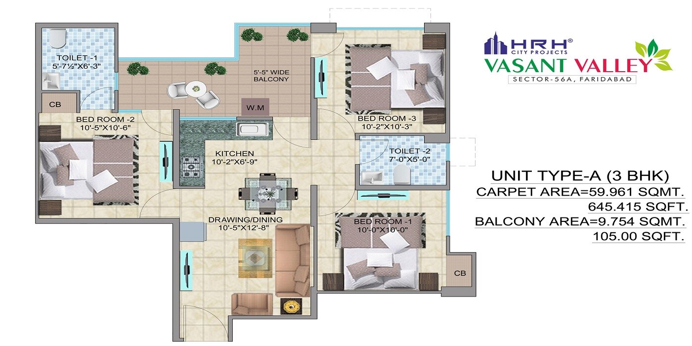 Floor plan of 3 BHK 750 Sq. Ft. Apartment in HRH City Vasant Valley, Faridabad