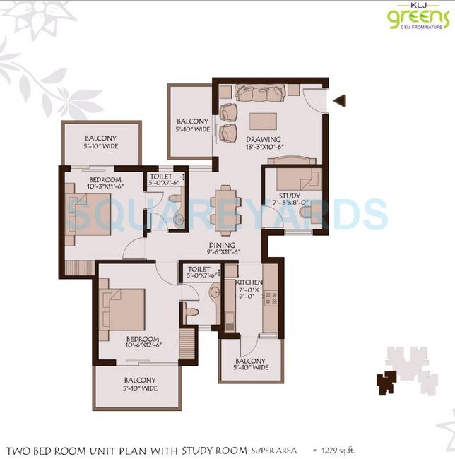 Floor plan of 2 BHK 1279 Sq. Ft. Apartment in KLJ Greens, Faridabad