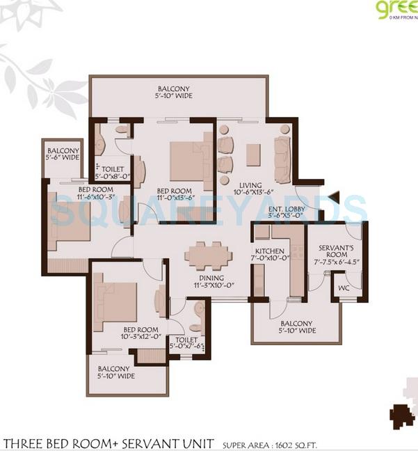 Floor plan of 3 BHK 1602 Sq. Ft. Apartment in KLJ Greens, Faridabad