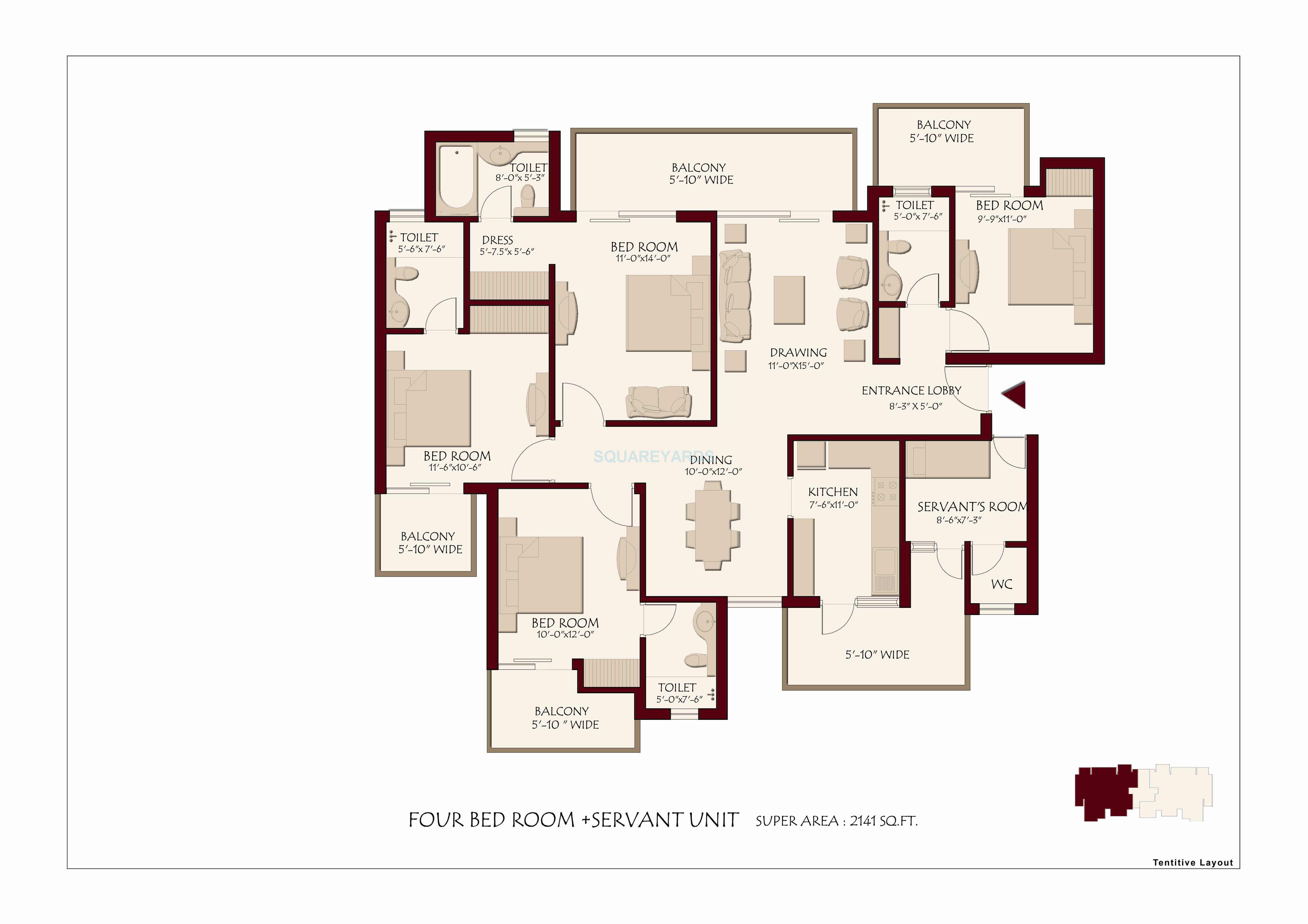 Floor plan of 4 BHK 2141 Sq. Ft. Apartment in KLJ Greens, Faridabad