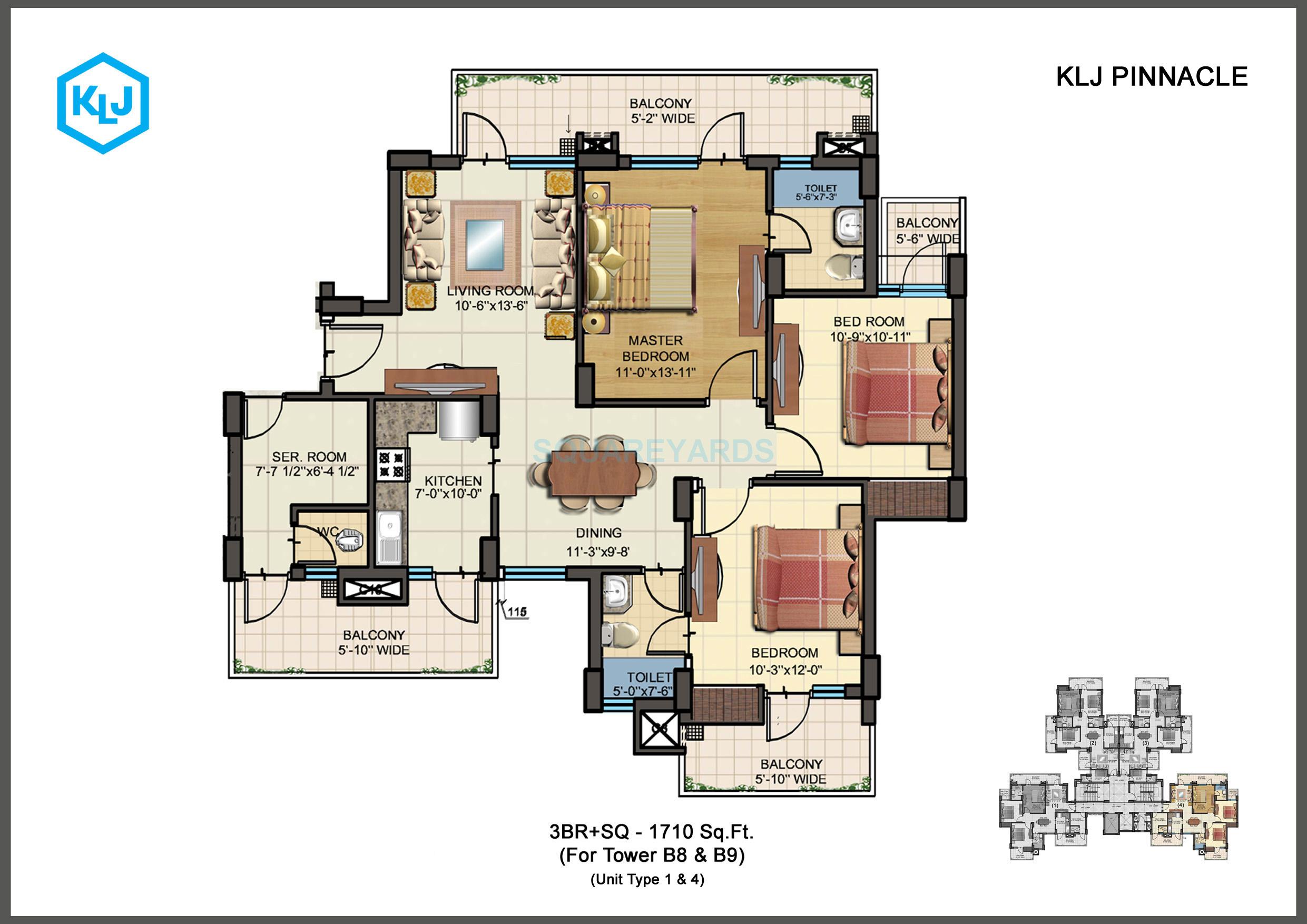 Floor plan of 3 BHK 1710 Sq. Ft. Apartment in KLJ Pinnacle, Faridabad