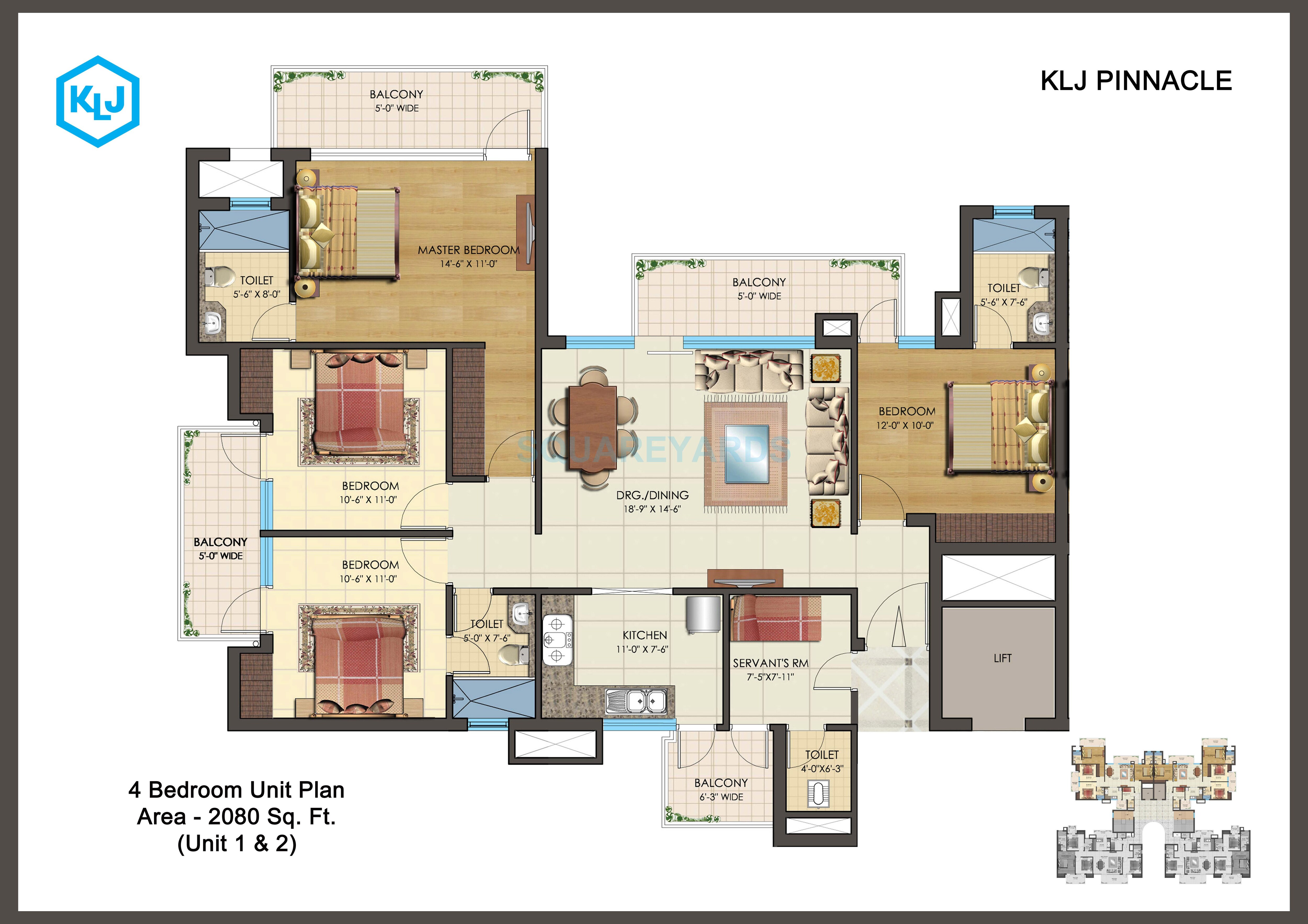 Floor plan of 4 BHK 2080 Sq. Ft. Apartment in KLJ Pinnacle, Faridabad