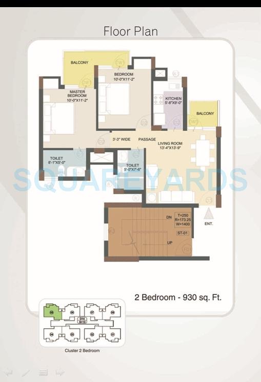 Floor plan of 2 BHK 930 Sq. Ft. Apartment in KLJ Platinum Heights, Faridabad