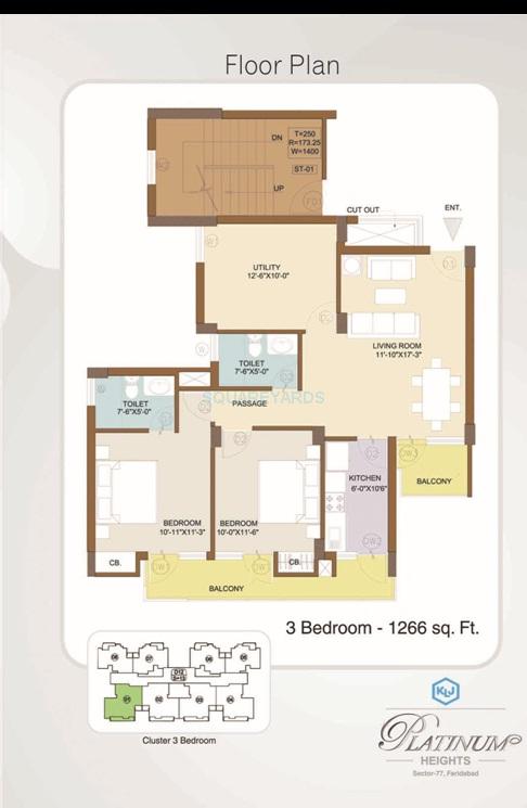 Floor plan of 3 BHK 1266 Sq. Ft. Apartment in KLJ Platinum Heights, Faridabad