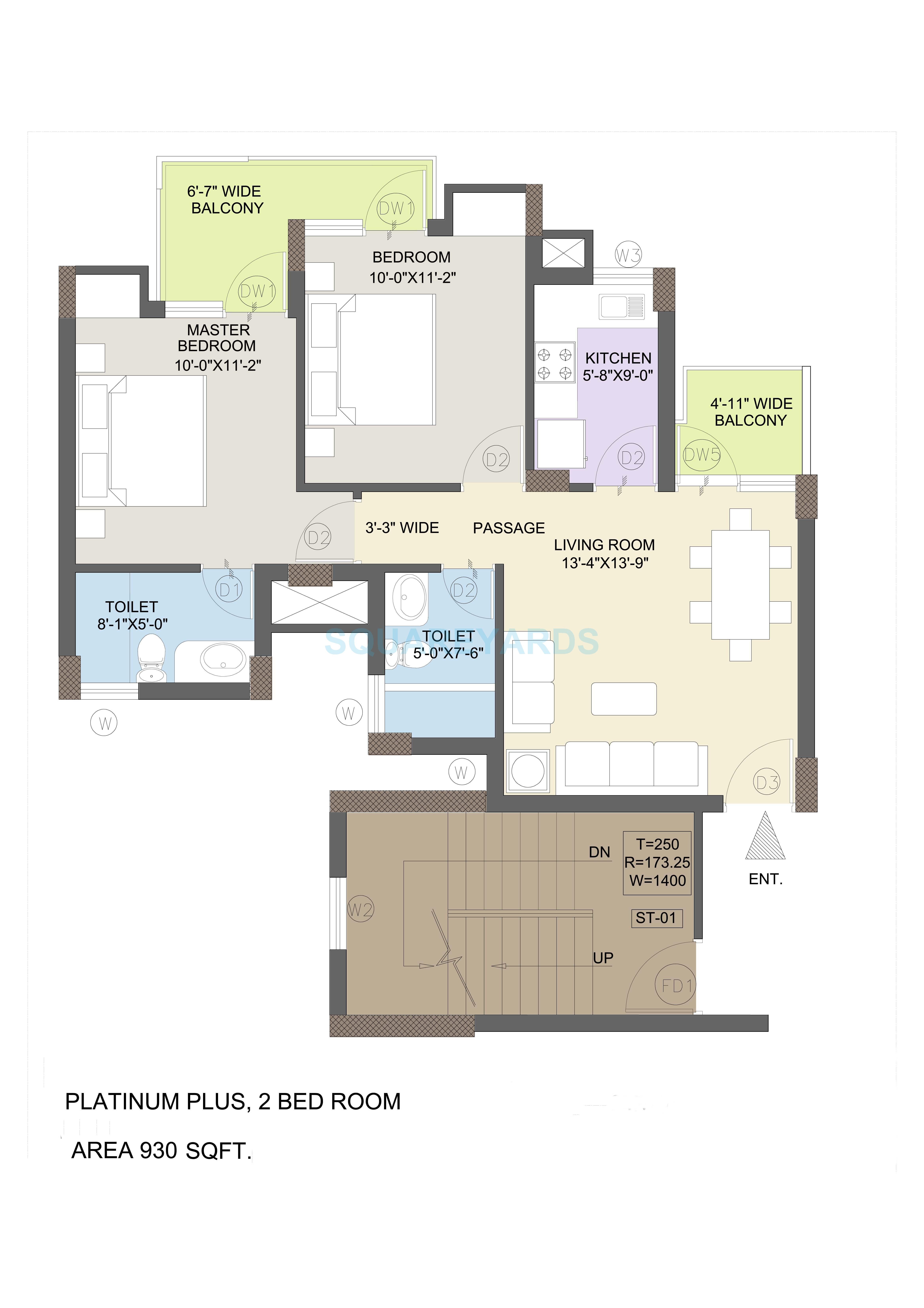 Floor plan of 2 BHK 930 Sq. Ft. Apartment in KLJ Platinum Plus, Faridabad