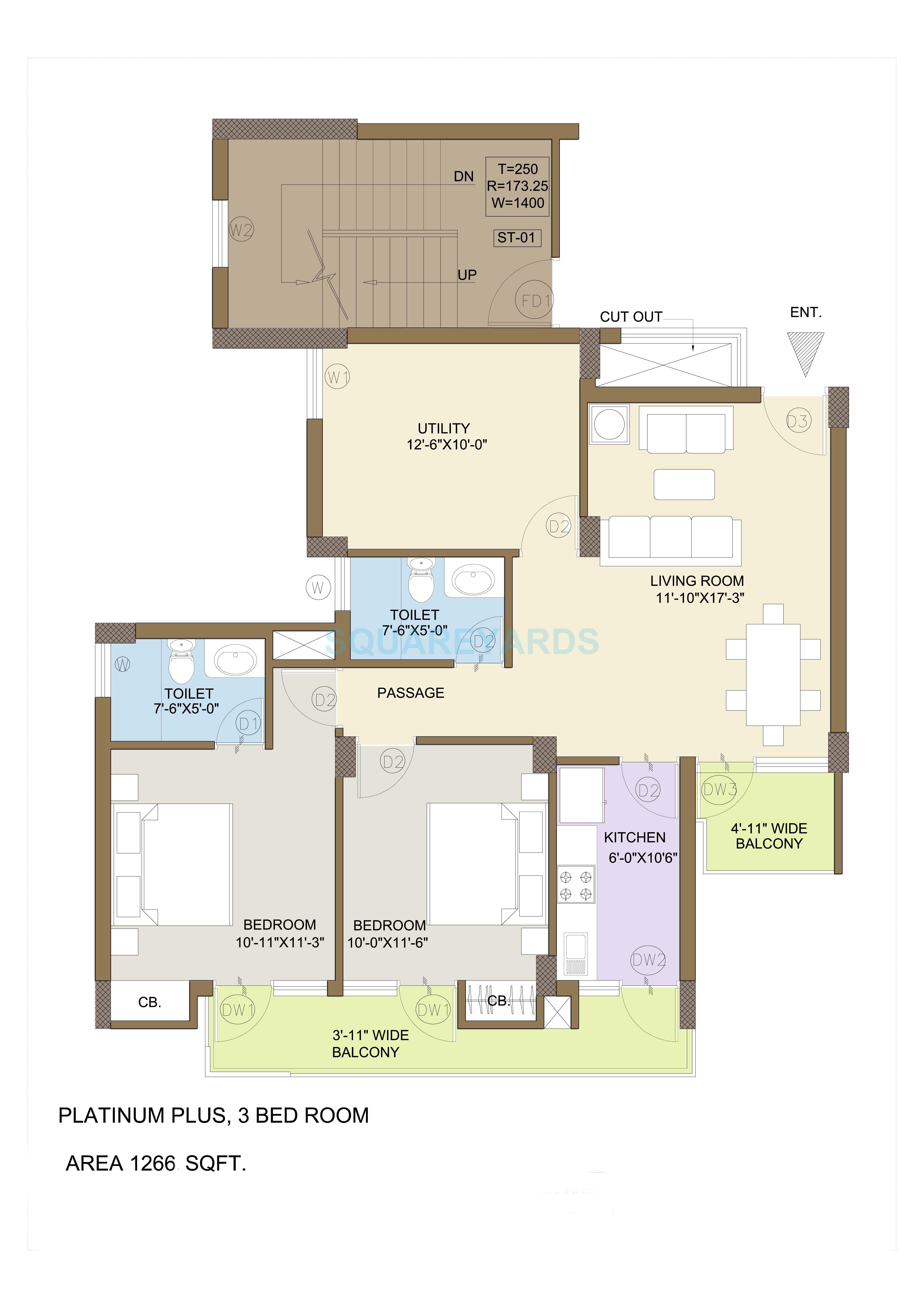 Floor plan of 3 BHK 1266 Sq. Ft. Apartment in KLJ Platinum Plus, Faridabad