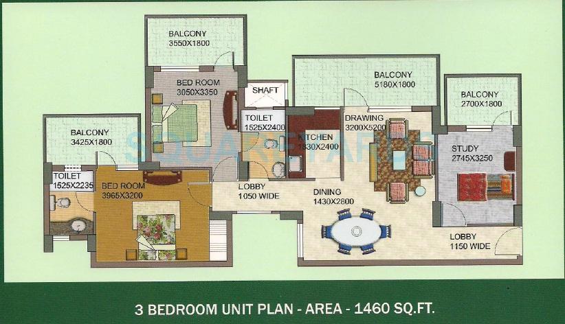 Floor plan of 3 BHK 1460 Sq. Ft. Apartment in KST Whispering Heights, Faridabad