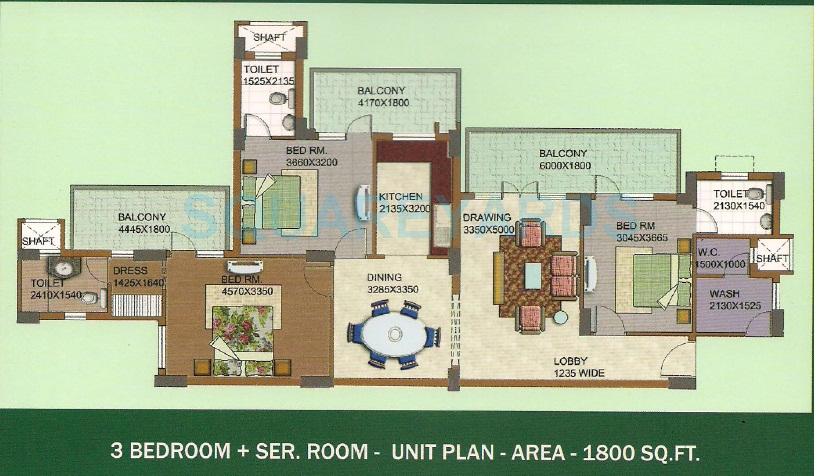 Floor plan of 3 BHK 1800 Sq. Ft. Apartment in KST Whispering Heights, Faridabad