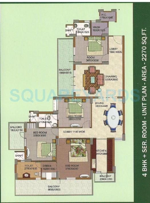 Floor plan of 4 BHK 2270 Sq. Ft. Apartment in KST Whispering Heights, Faridabad