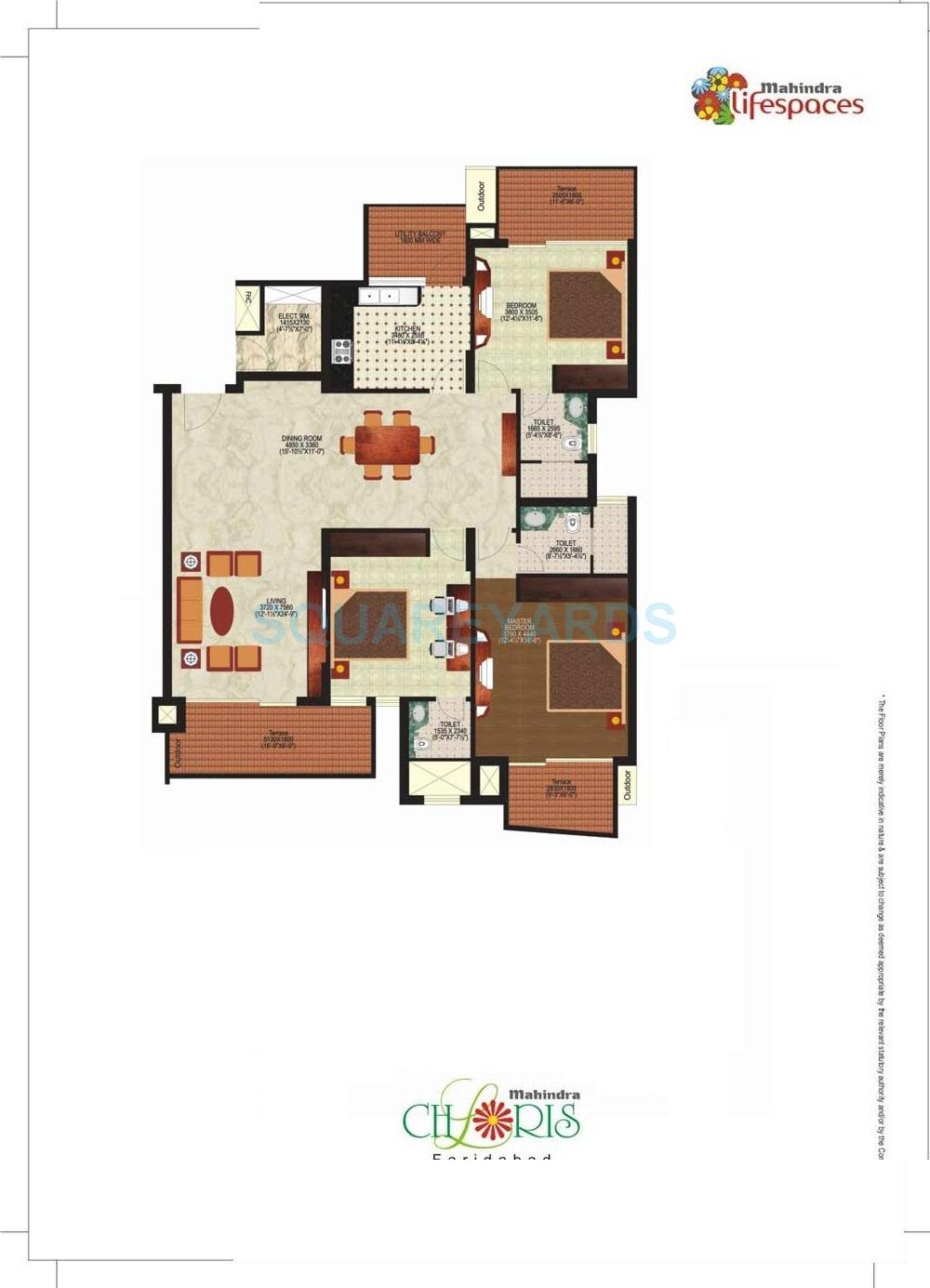 Floor plan of 3 BHK 2000 Sq. Ft. Apartment in Mahindra Lifespaces Chloris, Faridabad