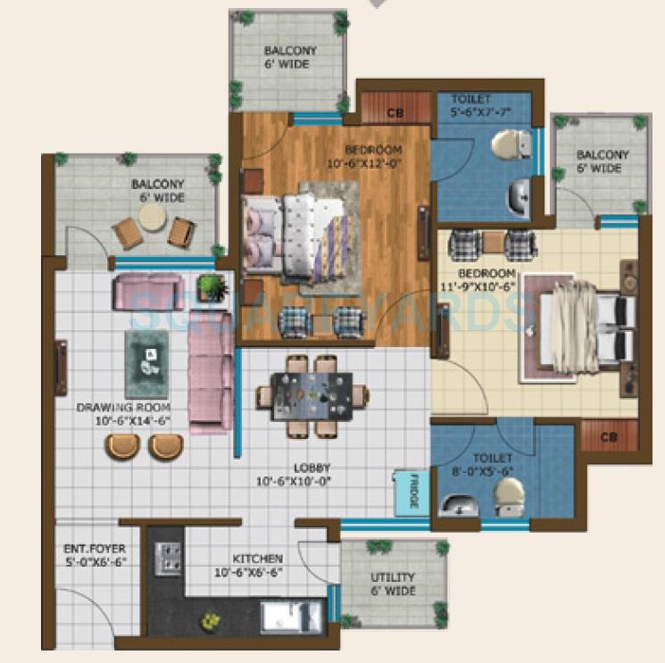 Floor plan of 2 BHK 1265 Sq. Ft. Apartment in Meenal Semeion, Faridabad