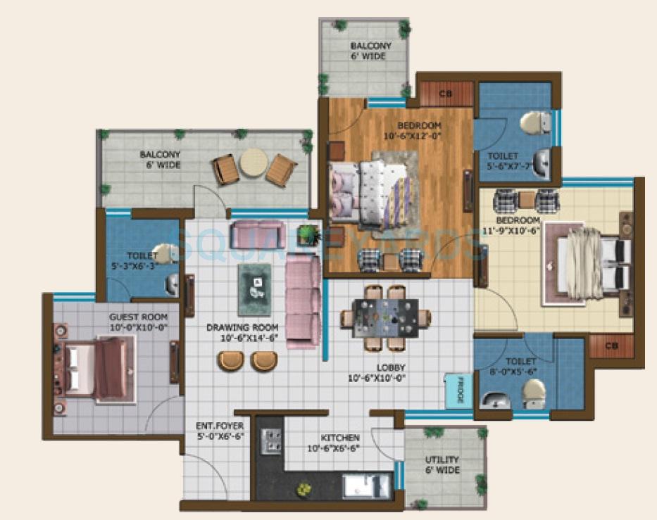Floor plan of 3 BHK 1465 Sq. Ft. Apartment in Meenal Semeion, Faridabad