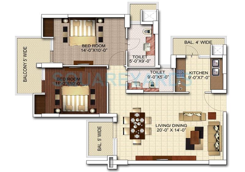 Floor plan of 2 BHK 1050 Sq. Ft. Apartment in MGH Mulberry County, Faridabad