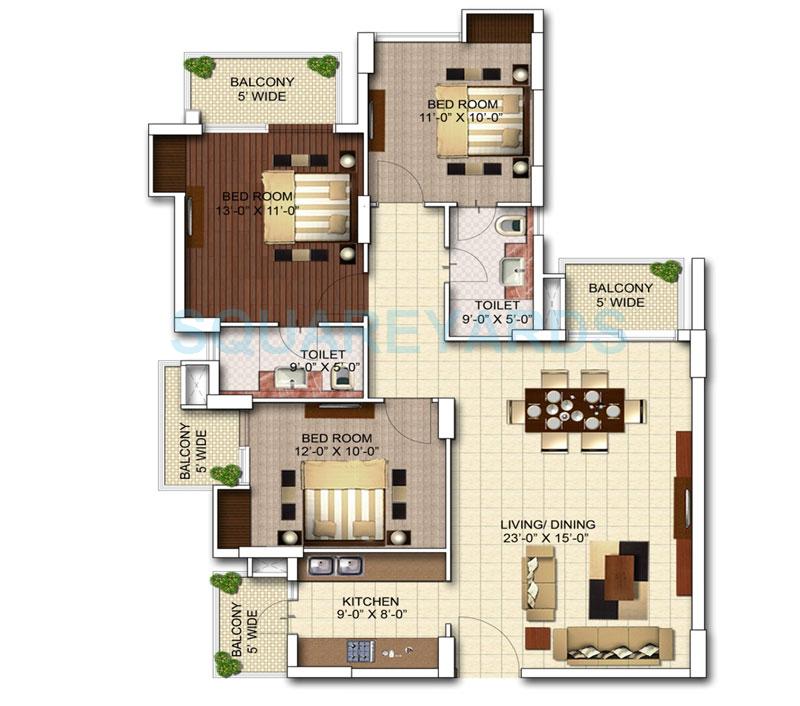 Floor plan of 3 BHK 1075 Sq. Ft. Apartment in MGH Mulberry County, Faridabad