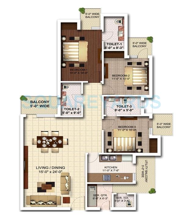 Floor plan of 3 BHK 1400 Sq. Ft. Apartment in MGH Mulberry County, Faridabad
