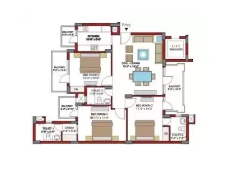 Floor plan of 3 BHK 1703 Sq. Ft. Apartment in MVN Athens, Faridabad
