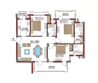Floor plan of 3 BHK 1726 Sq. Ft. Apartment in MVN Athens, Faridabad
