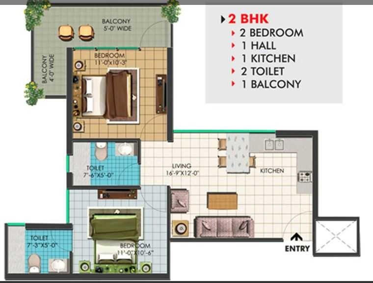 Floor plan of 2 BHK 473 Sq. Ft. Apartment in OP Floridaa, Faridabad