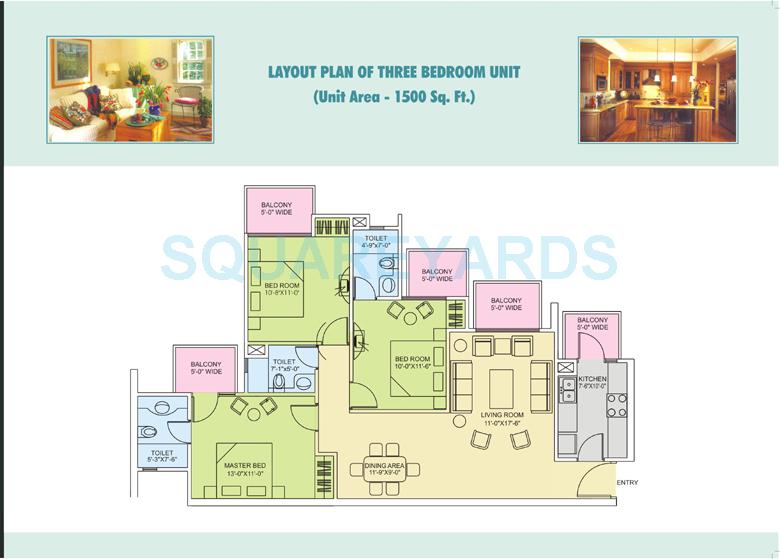 Floor plan of 3 BHK 1500 Sq. Ft. Apartment in ORS Royal Residency, Faridabad