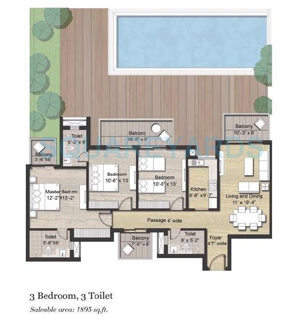 Floor plan of 3 BHK 1895 Sq. Ft. Apartment in Puri Aanandvilas, Faridabad