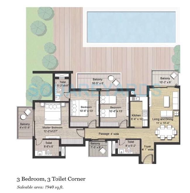 Floor plan of 3 BHK 1940 Sq. Ft. Apartment in Puri Aanandvilas, Faridabad