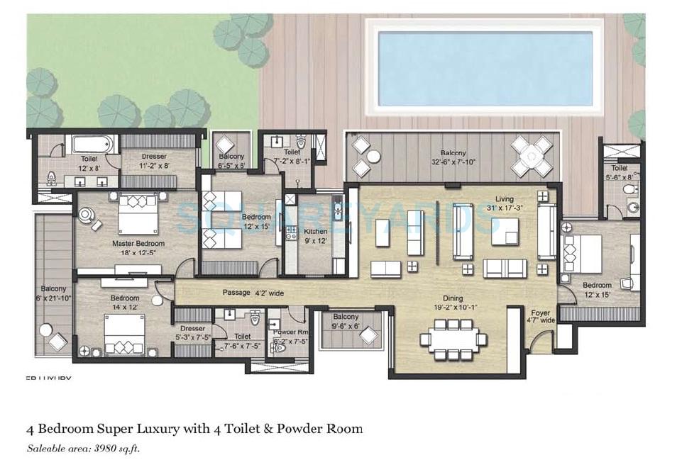 Floor plan of 4 BHK 3980 Sq. Ft. Apartment in Puri Aanandvilas, Faridabad