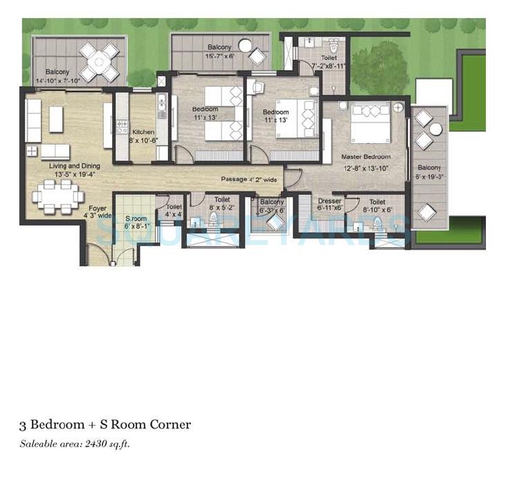 Floor plan of 3 BHK 2430 Sq. Ft. Apartment in Puri Aanandvilas, Faridabad