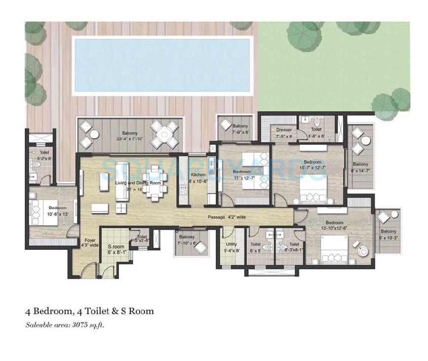 Floor plan of 4 BHK 3075 Sq. Ft. Apartment in Puri Aanandvilas, Faridabad
