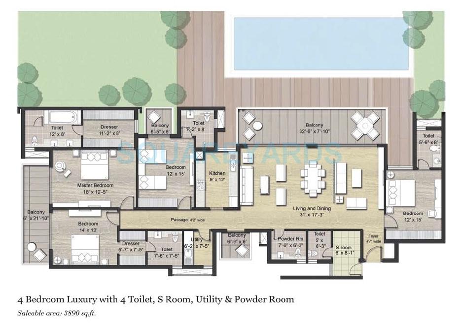Floor plan of 4 BHK 3890 Sq. Ft. Apartment in Puri Aanandvilas, Faridabad