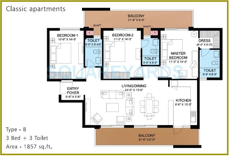 Floor plan of 3 BHK 1857 Sq. Ft. Apartment in Puri Pranayam, Faridabad