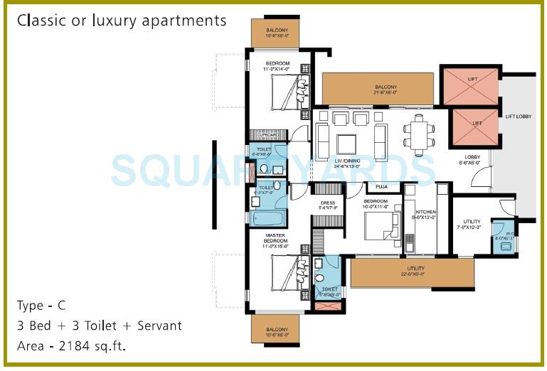 Floor plan of 3 BHK 2184 Sq. Ft. Apartment in Puri Pranayam, Faridabad