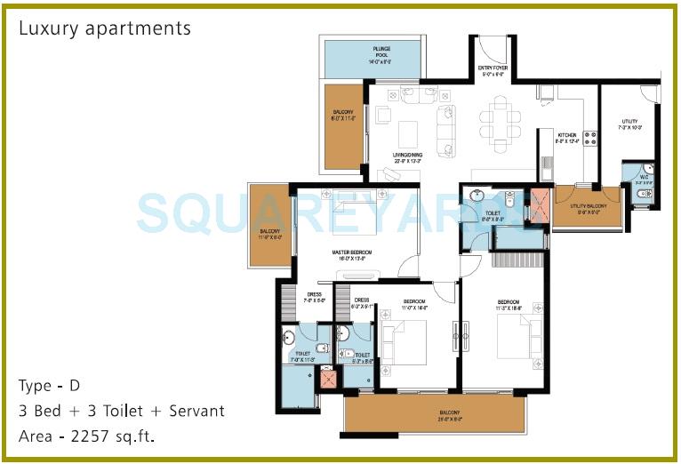 Floor plan of 3 BHK 2257 Sq. Ft. Apartment in Puri Pranayam, Faridabad
