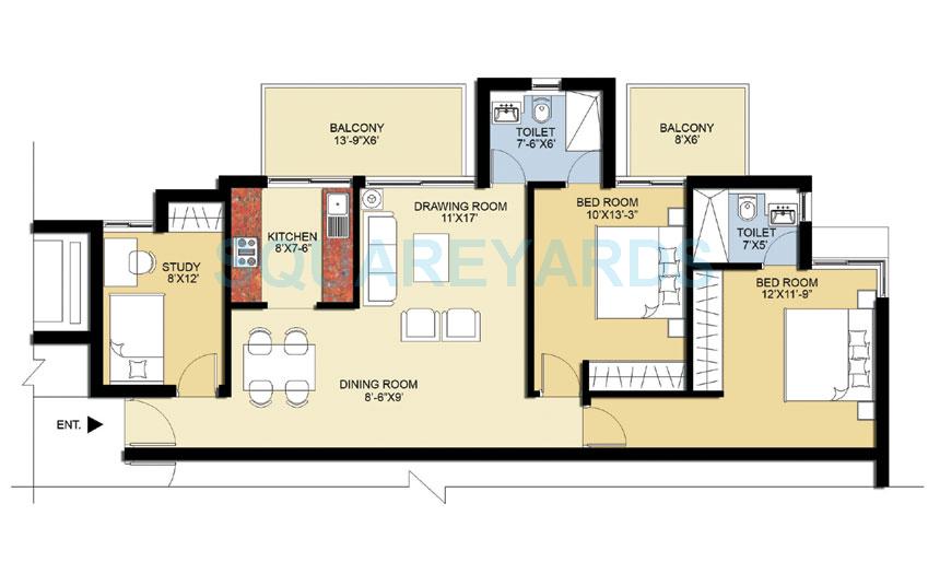 Floor plan of 2 BHK 1300 Sq. Ft. Apartment in Puri Pratham, Faridabad