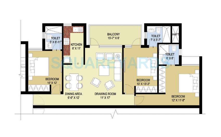 Floor plan of 3 BHK 1400 Sq. Ft. Apartment in Puri Pratham, Faridabad