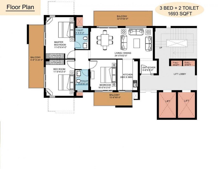 Floor plan of 3 BHK 1693 Sq. Ft. Apartment in Puri The Pranayam, Faridabad
