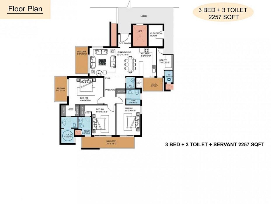 Floor plan of 3 BHK 2257 Sq. Ft. Apartment in Puri The Pranayam, Faridabad