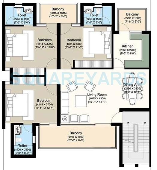 Floor plan of 3 BHK 1445 Sq. Ft. Ind Floor in Puri VIP Floors, Faridabad