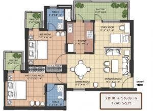 Floor plan of 2 BHK 1240 Sq. Ft. Apartment in RAS Palm Residency, Faridabad