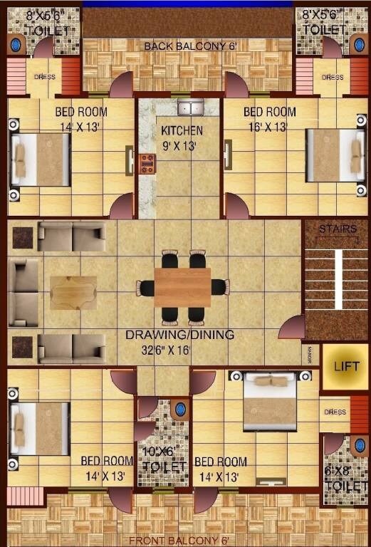 Floor plan of 4 BHK 2700 Sq. Ft. Apartment in Richlook Platinum Floors, Faridabad