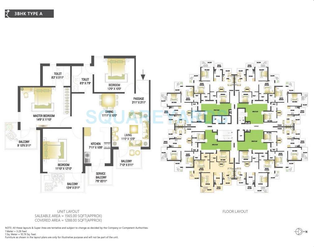 Floor plan of 3 BHK 1565 Sq. Ft. Apartment in RPS Auria, Faridabad