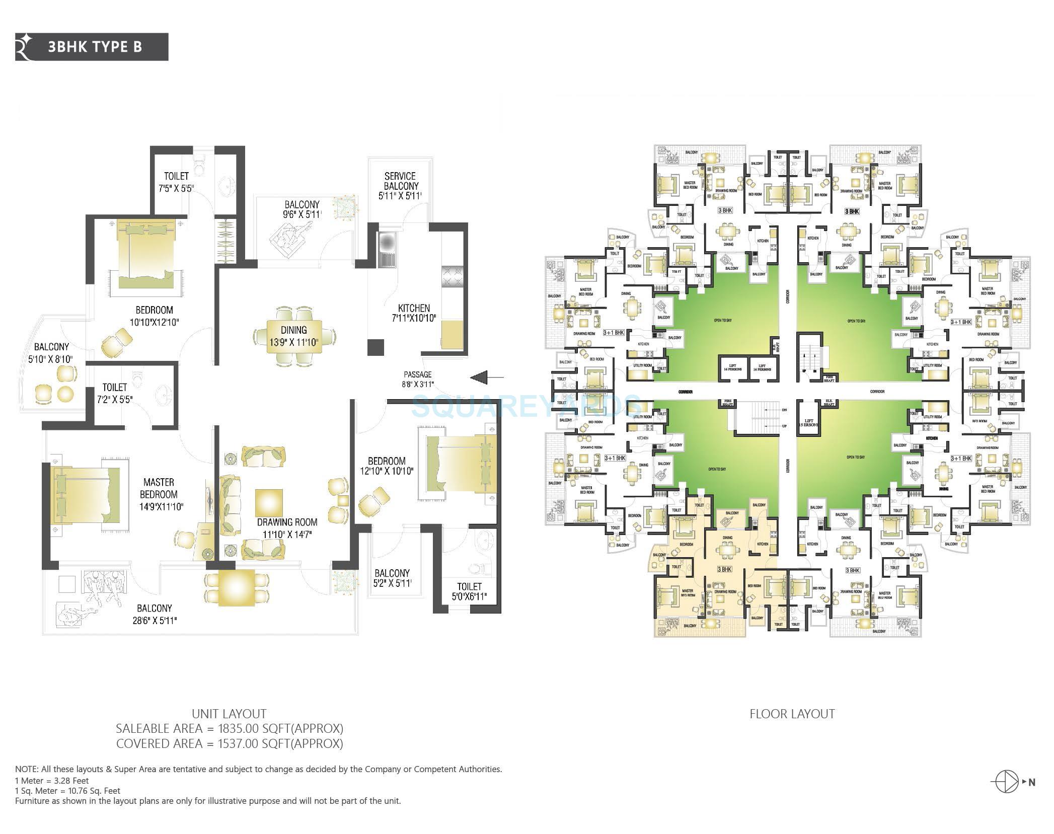 Floor plan of 3 BHK 1835 Sq. Ft. Apartment in RPS Auria, Faridabad