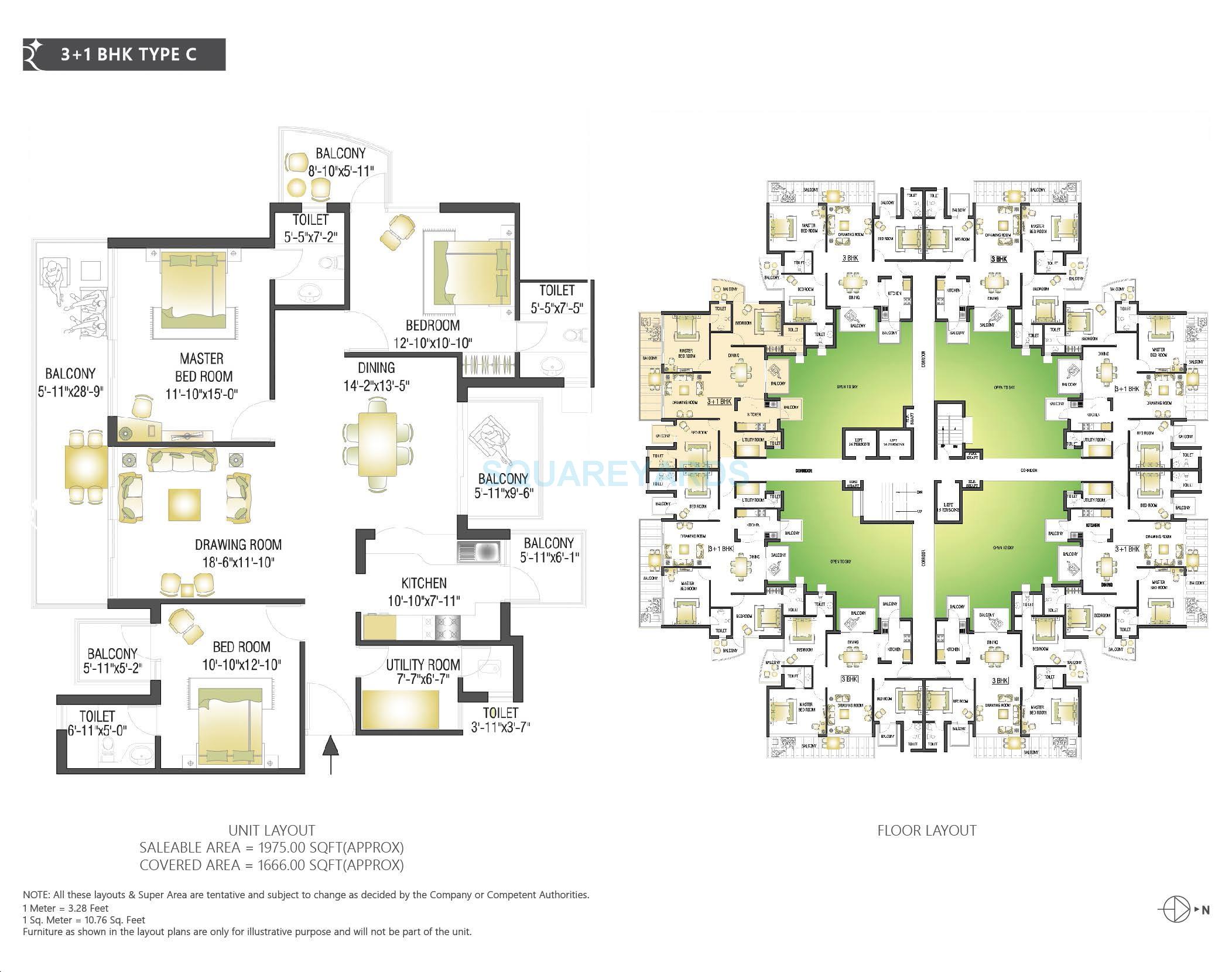 Floor plan of 3 BHK 1975 Sq. Ft. Apartment in RPS Auria, Faridabad