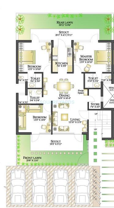 Floor plan of 3 BHK 1400 Sq. Ft. Ind Floor in RPS Palms, Faridabad